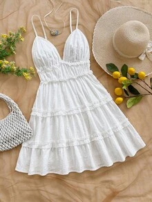 SHEIN WYWH 女士提花层叠荷叶边细肩带度假连衣裙 - 白色 - 查看 1