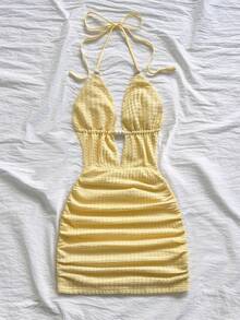 Soleia Đầm ngắn gợi cảm màu trơn dành cho nữ, kiểu cổ yếm, buộc dây, hở lưng, xếp ly, thích hợp cho hẹn hò và tiệc tùng. - Vàng nhạt - Xem 4