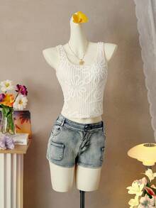 Nevyona Fashionable Sleeveless Square Neck Lace Fabric Top, Spring/Summer - Beige - View 3