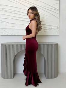 Jemour 女式荷葉邊掛脖洋裝 - 酒紅色 - 查看 6