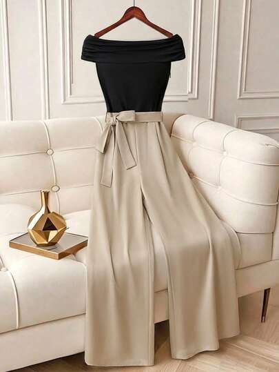 Franclia Women's Casual And Elegant Black Off-The-Shoulder Sleeveless Backless Slim-Fit Top+Khaki Loose Pants With Free Belt,Suitable For Daily Wear/Business Attire/Commute Outfit/Relaxing Vacation/Dinner/Valentine's Day