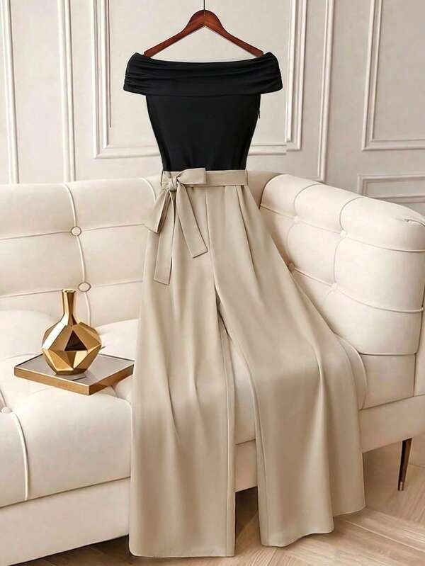 Franclia Women's Casual And Elegant Black Off-The-Shoulder Sleeveless Backless Slim-Fit Top+Khaki Loose Pants With Free Belt,Suitable For Daily Wear/Business Attire/Commute Outfit/Relaxing Vacation/Dinner/Valentine's Day