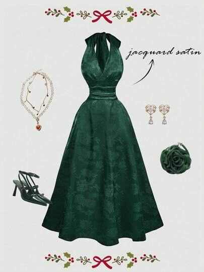 SHEIN MOD Vestido largo con cuello halter en V de satén rojo con jacquard floral con lazo - Estilo barroco vintage, para citas, fiestas, glamour de corte, eventos festivos, cumpleaños y bailes de graduación