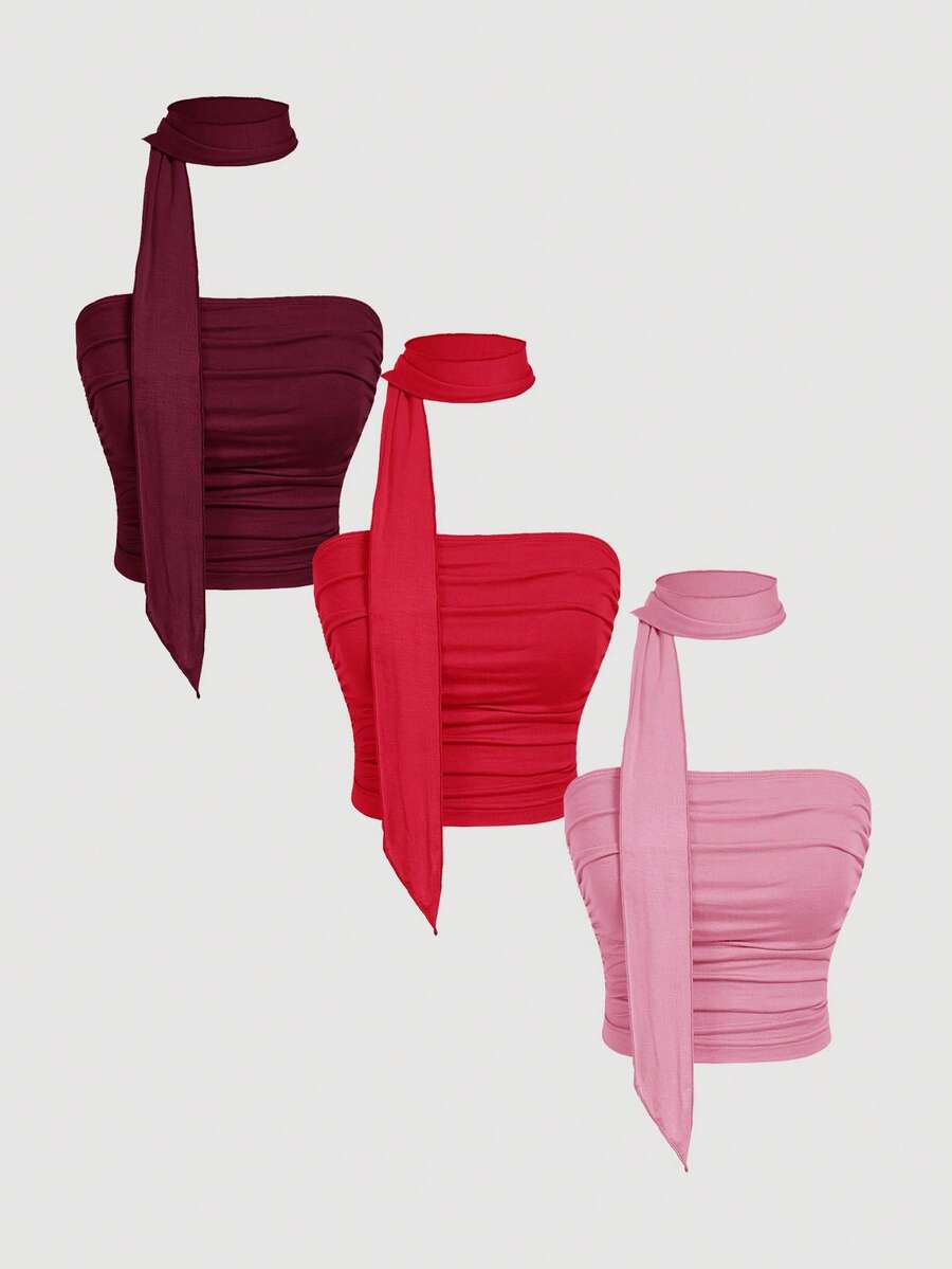 SHEIN MOD 3件套围巾吊带褶皱修身针织露脐上衣女装 - 粉色 - 查看 1