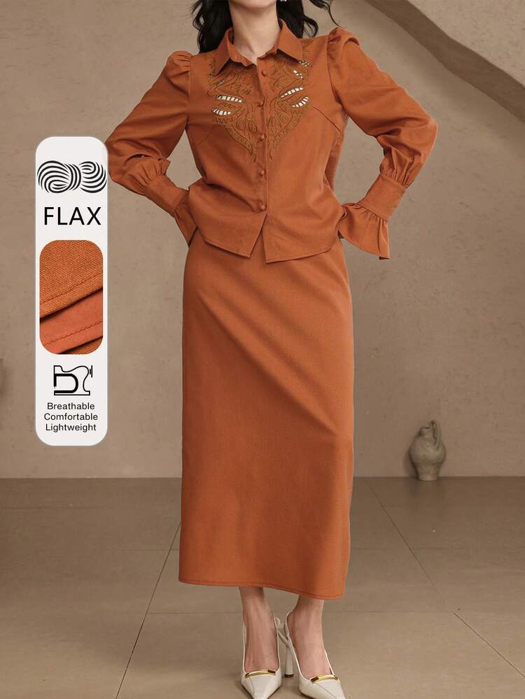 Women's Elegant Lace Patchwork Puff Sleeve Blouse And Skirt 2-Piece Set, Spring/Summer,Wedding Guest Dress Women