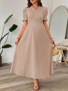 SHEIN 孕妇纯色V领褶皱优雅派对连衣裙 - 卡其色 - 查看 3