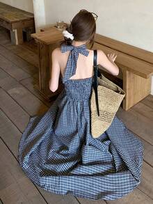 DAZY Đầm dài ngang gối thanh lịch dành cho nữ, phối ren, cổ yếm, thắt eo, thích hợp cho mùa hè, dự tiệc cưới, váy hè. - Màu xanh lam - Xem 7