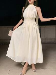 DAZY Women's Elegant Solid White Collar Tie Strap Sleeveless Mid-Length Dress, Summer - White - View 3