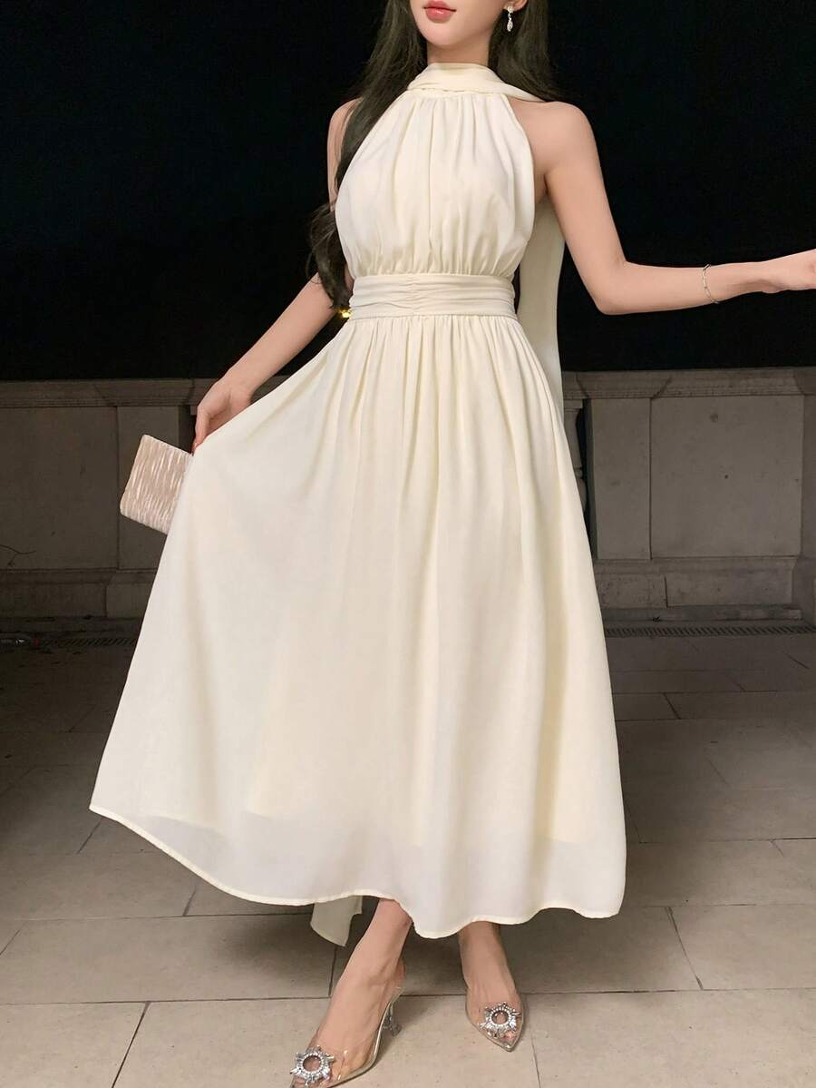 DAZY 女士优雅纯白色领带无袖中长连衣裙，夏季 - 白色 - 查看 1