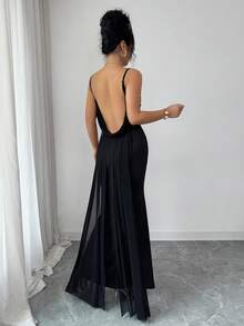 SHEIN Raffinéa Women's Plunging Neckline Spaghetti Strap Backless Fitted Elegant Dress - Black - View 2