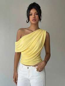 Aloruh Kaos Wanita Romantis dengan Detail Kerutan dan Lipatan di Bagian Leher, Cocok untuk Liburan Musim Semi/Panas - Kuning - View 8
