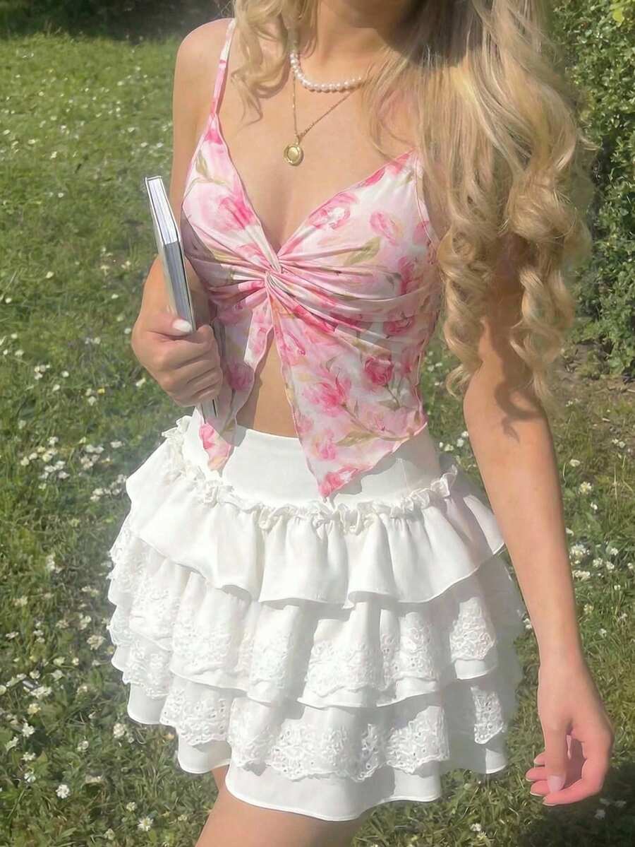 SHEIN MOD 女士扭结前襟无袖露脐上衣，可爱衬衫，外出上衣，乡村风，海滩度假装，下午茶派对装，可爱上衣，情人节装，粉色上衣，春夏装，休闲装，春夏派对上衣，情人节装，时尚装，生日装 - 粉色 - 查看 1
