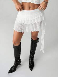 SHEIN ICON 女士纯色不对称下摆荷叶边时尚夏季半身裙 - 白色 - 查看 6