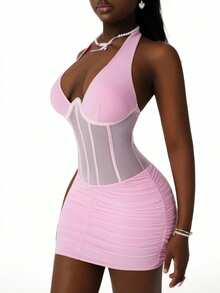 Amplova Halter Neck Sleeveless Rhinestone Waist Cinched Sheer Ruched Sexy Party Mini Dress - Baby Pink - View 5