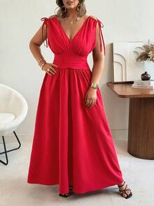 Vionelle Plus Size Women's V-Neck Pleated Cinched Waist Sleeveless Elegant Satin Red Dress,Summer Party Maxi Dresses Formal Wear - Red - View 7