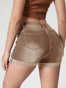 Jeanoix Women's Casual Fashion Ripped Cuffed Hem Denim Shorts, Suitable For Daily Commute In Summer - Brown - View 2