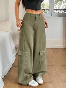 Rivivi 女士工装口袋阔腿宽松休闲百搭牛仔裤 - 軍綠色 - 查看 4