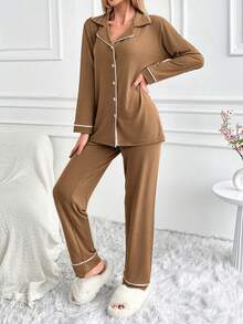 SHEIN Tall TALL SIZE 100%Cotton Women Binding Detail Homewear Pajama Set - Mocha Brown - View 2