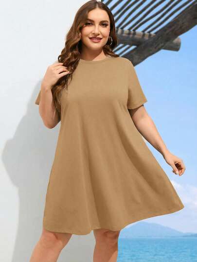 SHEIN LUNE 大码纯色休闲圆领短袖连衣裙，夏季