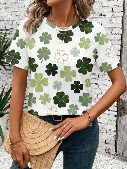 EMERY ROSE 圣帕特里克节四叶草图案印花女式圆领短袖休闲T恤 – 节日派对、春季、春假、夏季