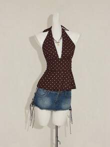 SHEIN ICON 女士度假波点印花荷叶边性感吊带背心 - 棕色 - 查看 7