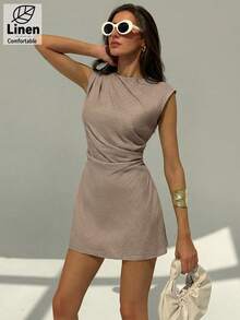 Aloruh 纯色圆领褶裥修身优雅无袖连衣裙 - 杏色 - 查看 4