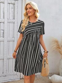 EMERY ROSE Đầm ngắn tay kẻ sọc thường ngày dành cho nữ - Nhiều màu - Xem 7