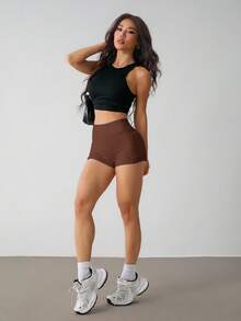SHEIN PETITE 女士休闲纯色简约手机口袋短裤 - 棕色 - 查看 4