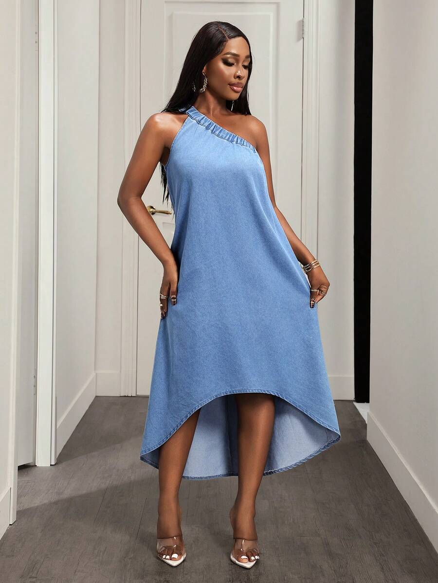 Slaydiva 女士休闲不对称下摆无袖牛仔连衣裙 - 藍色 - 查看 1