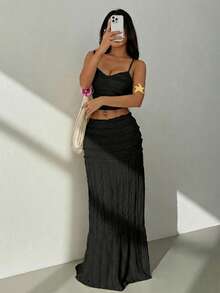 SHEIN PETITE 女士纯色荷叶边吊带上衣和迷你裙休闲度假两件套女装夏季波西米亚风两件套裙装白色连衣裙女士迷你连衣裙 - 黑色 - 查看 8