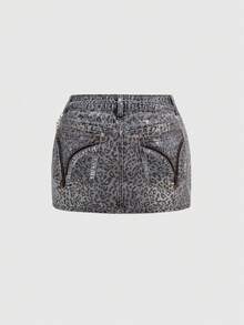 ROMWE Grunge Punk Plus Size Y2K Baddie Leopard Print Metallic Rhinestone Chain Mini Denim Skirt - Light Grey - View 2