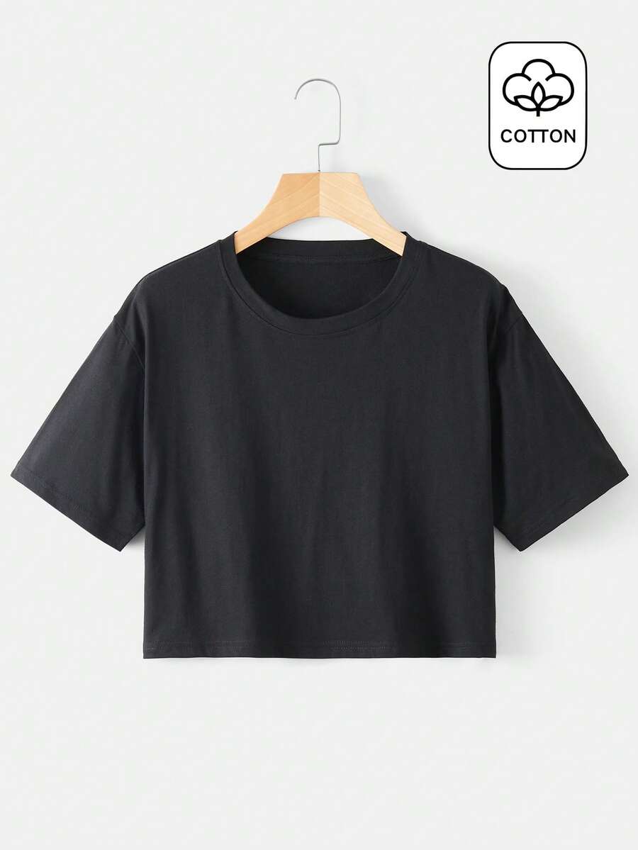 INAWLY 女士黑色圆领纯棉短袖休闲日常简约露脐上衣，适合户外穿着，春夏款 - 黑色 - 查看 1