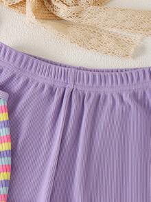 Genkimix Kids 2pcs/Set Girls (Small) Casual Knit Rainbow Ribbed Top Vest And Relaxed Fit Pants, Children Summer Comfortable Outfit - Mauve Purple - View 5