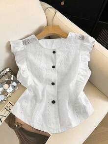 GlowEve French Retro Embroidered Hollow Out Cap Sleeve Blouse, Sleeveless Slim Fit Top For Summer - Baby Blue - View 1