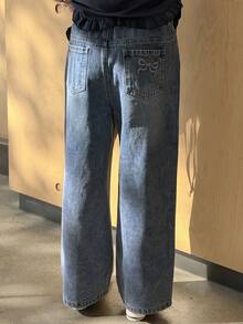 DAZY 少女蝴蝶结刺绣口袋阔腿宽松休闲百搭牛仔裤 - 藍色 - 查看 9