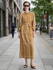 Ontre 2026SS New Striped Print Belted Dress, Fashionable Versatile For Spring/Summer - Brown - View 1