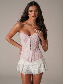 SHEIN BAE Top corto de mujer elegante y sexy de encaje rosa con jacquard 3D y cuentas, adecuado para festivales de música, fiestas de graduación, tops dulces para chicas, bustier de encaje ajustado, tops con lentejuelas, tops de playa, tops de verano - Rosa Pálido - Ver 5