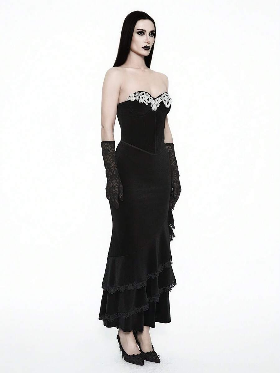 Glisette Vintage Elegant Black Velvet Dress For Women,Goth Autumn Gothic Vampire Corset Bodycon Mermaid Hem Skirt,Flounce Decor Funeral Dining Clothes - Black - View 1
