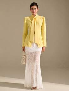 CLARA VERO Women's Lace-Up Waist Embroidered Long Sleeve Blazer - Light Yellow - View 1