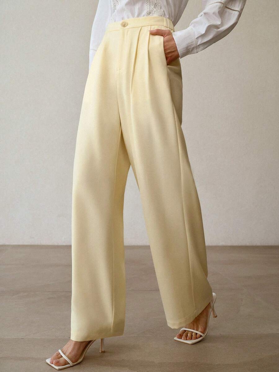 MOTF PREMIUM FOLD PLEATED CREAM YELLOW CASUAL SUIT PANTS - Light Yellow - View 1