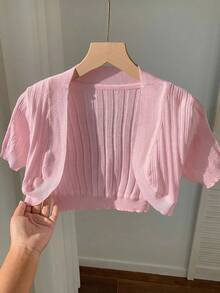 SHEIN EZwear Women's Cute Casual Light Pink Short Sleeve Cropped Knit Cardigan, Spring/Summer - Baby Pink - View 1
