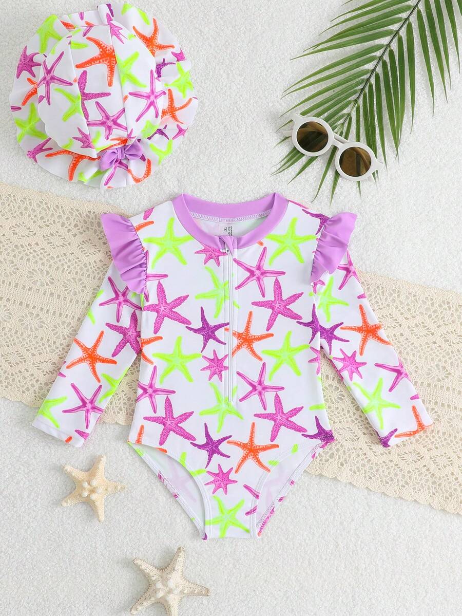 Baby Girls Star Print Swimwear,Long Sleeve Rash Guard Suit With Sun Hat,2pcs Neon Cartoon Starfish One Piece Swimsuit For Summer,Holiday,Beach Wear - Multicolor - View 1