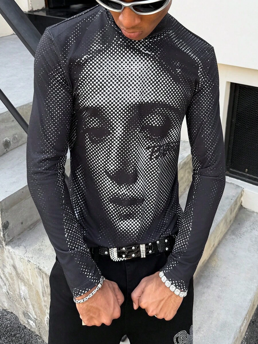 PAVTROS Men's Young Street Style Tight-Fit Crew Neck Long Sleeve T-Shirt, Knit T-Shirt, Tight-Fit Top, Cyberpunk X Street Dark, Black And White Halftone Dot Graphic, Unisex, Dystopian Spy Vibe, Suitable For Summer Sun Protection And Layering In Autumn/Winter, High Utility, Y2K, Cyber, Dancer, DJ/Photographer Outfit, Rapper Outfit, Digital Identity Player, Unisex & Couples, Holiday Gift, Boyfriend Gift - Black - View 1