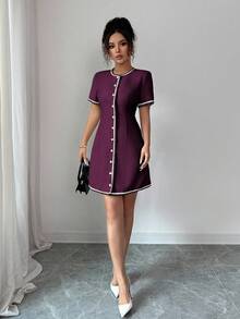 Rafferiza Elegant Business Casual Round Neck Trim Waist Short Sleeve Button Front Mini Dress, Suitable For Spring And Summer - Red Violet - View 6