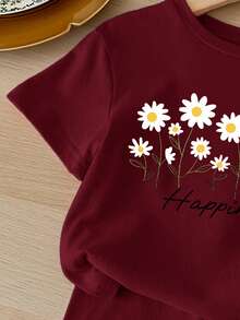 SHEIN Bộ đồ thể thao mùa hè cho bé gái, kiểu dáng thường ngày đi biển, gồm áo thun ngắn tay và quần short in họa tiết hoa cúc và chữ cái. - Nhiều màu - Xem 4