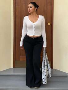 Dazy Plus Tight-Fitting Contrast Lace Frill Trim Long Sleeve White Casual T-Shirt, Versatile For Spring/Summer - White - View 3