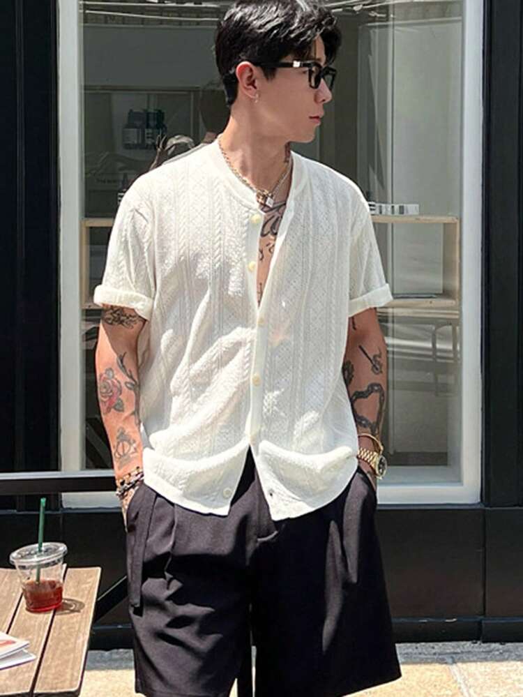 Men's White Short Sleeve Cardigan Knit Top, Summer