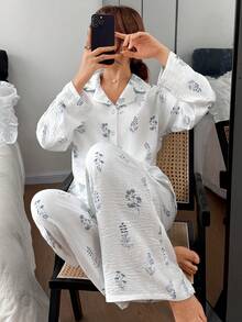 DAZY 白色碎花宽松女士睡衣套装 - 白色 - 查看 6