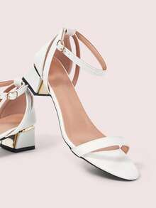 CUCCOO DOLLMOD 女士白色哑光绑带踝带粗跟低跟凉鞋，可爱日常甜美通勤约会时尚百搭 - 白色 - 查看 2