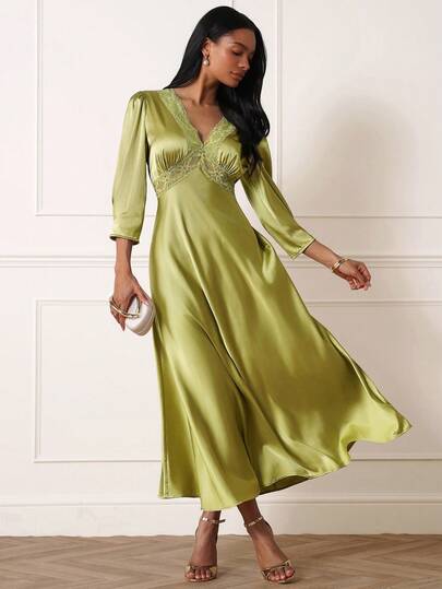 Lilora Women's Elegant Lace Patchwork Mid-Length Dress